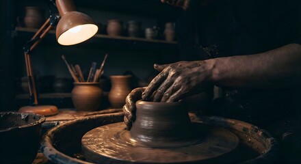 An atmospheric portrait of a ceramic artist&rsquo;s hands shaping clay on a spinning wheel, surrounded by darkness with a warm light highlighting the texture of the wet earth and creative motion.