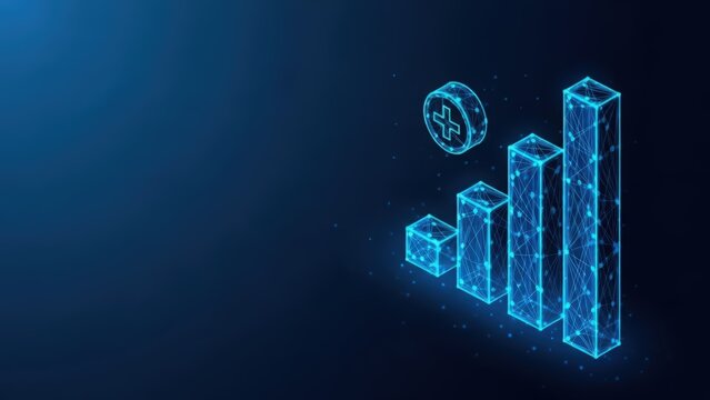 Digital financial growth chart with a plus sign representing positive business development and success