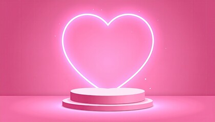 Minimalist pink stage with glowing neon heart and podium for display.