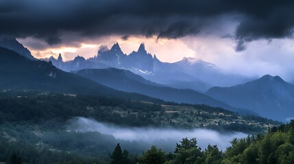 Jagged mountain peaks at sunrise with dramatic storm clouds