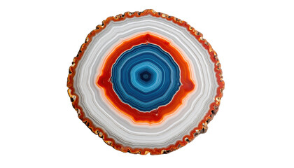 Fototapeta premium Close-up of a cut stone, showcasing concentric layers of diverse colors and textures, creating a mesmerizing pattern against black