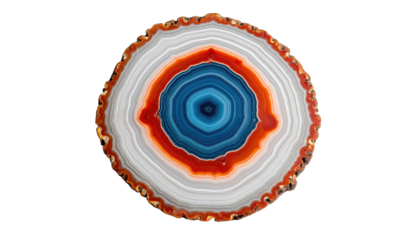 Close-up of a cut stone, showcasing concentric layers of diverse colors and textures, creating a mesmerizing pattern against black