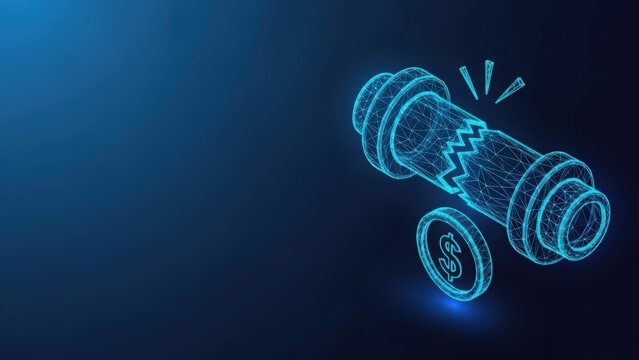 Digital illustration of a broken pipe leaking money symbolizing financial loss and economic drain