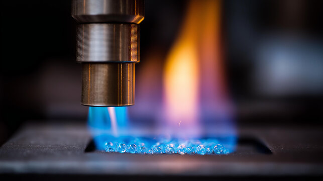 Closeup of glass bead melting in gas-burner fire, lampworking process, glass fusion technique, thermal crafting method, artisan glass working, molten material visualization, with c