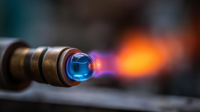 Closeup of glass bead melting in gas-burner fire, lampworking process, glass fusion technique, thermal crafting method, artisan glass working, molten material visualization, with c