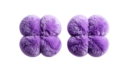 Two pairs of symmetrical fluffy lilac puffs against a stark black backdrop. The soft texture and vibrant color create a playful aesthetic