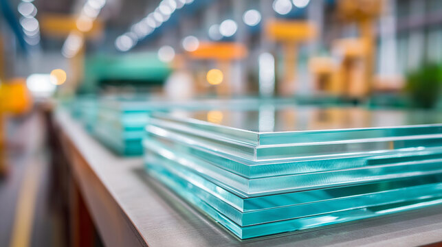 Closeup of insulated glass units stacked on support stand in workshop with various glass panels and industrial equipment in blurred background, IGU production, defocused facility,
