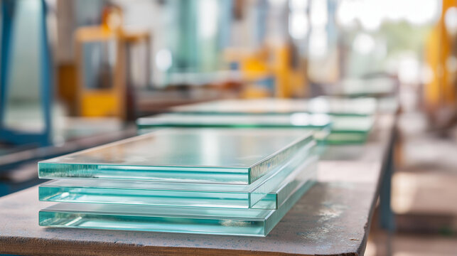 Closeup of insulated glass units stacked on support stand in workshop with various glass panels and industrial equipment in blurred background, IGU production, defocused facility,