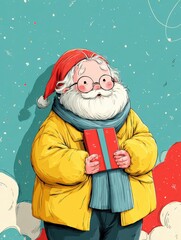 Whimsical Santa Claus character holding a red gift box