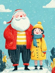 Happy Santa and girl in a snowy Christmas scene