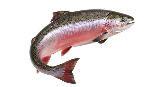 Fresh rainbow trout isolated PNG, whole raw fish with pink stripe and speckled skin on transparent background, healthy seafood