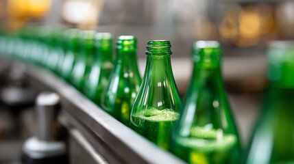 Closeup of production line with green glass bottles being manufactured in factory, industrial production and automation process, shallow depth of field, beverage container creation