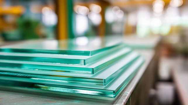 Stack of glass sheets arranged one on top of other within industrial setting, layered transparent panels, manufacturing inventory, processed window material, production facility st