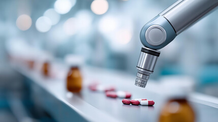 Robotic vision sensor camera system in intelligence medicine factory, automated inspection technology, pharmaceutical quality control, AI manufacturing monitoring, industrial autom