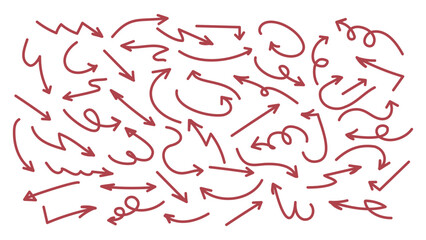 Red hand drawn arrows collection. Set of Various of thin lines organic arrows. Hand drawn minimalist arrows. Arrows simple sketch for business plans, education designs. Arrows big pack.