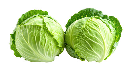 Fototapeta premium Two fresh, vibrant green cabbages sit side-by-side against a black background. Their tightly packed leaves are visible in detail