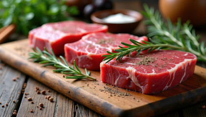 Fresh raw beef steak meat on wooden board with rosemary and spice.  Cooking, gastronomy. World Food Safety Day. Close-up.