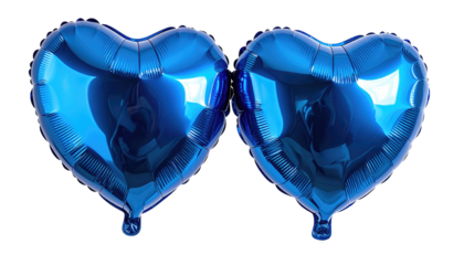 Two metallic blue heart-shaped balloons, floating, against a black background. Reflective surfaces with bright highlights