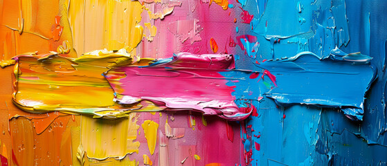 Abstract colorful oil painting on canvas. Oil paint texture with large brush and palette knife strokes. Multicolor background, wallpaper. Full frame.