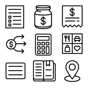 Home Budget Icons. Home Budget Planning linear set: expense sheet, savings jar, bill icon, cost categories grid, calculator, planning notebook, money flow arrows, reserve marker.