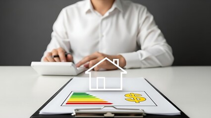 Person calculating energy efficiency rating for a house with a calculator and chart
