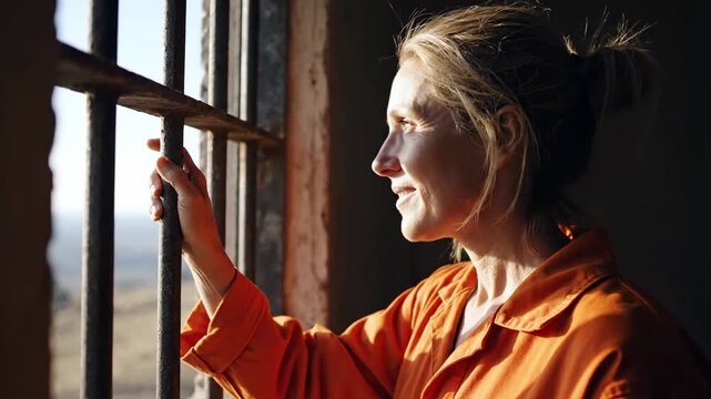 Woman in orange jail uniform looking through bars at sunlit sky, experiencing freedom and hope concept