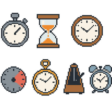 Pixel Chronometric Icons. Chronometric Tools pixel style set: stopwatch, hourglass, wall clock, sundial, timer dial, pocket watch, metronome, alarm clock.