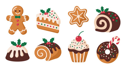 A festive collection of illustrated Christmas desserts and holiday baked goods on a white background, featuring cookies, cakes, pastries, candy, seasonal sweets, cozy winter treats, 