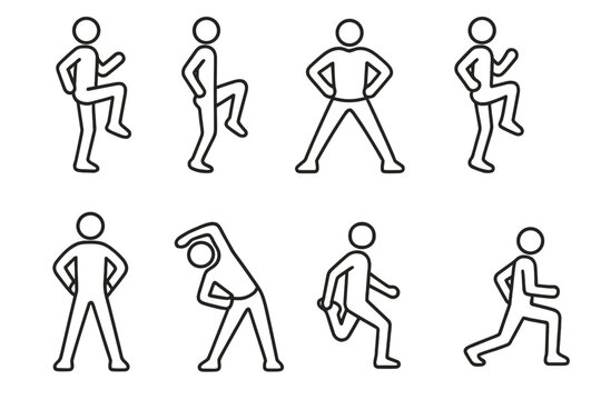 Dynamic Exercise Icons. Dynamic warm-up set linear set: high knees, butt kicks, lateral steps, skip-in-place, hip rotation, trunk bend, toe taps, walking lunge.