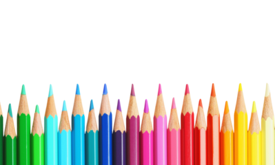 Colorful array of pencils arranged in a vibrant rainbow pattern on a white background