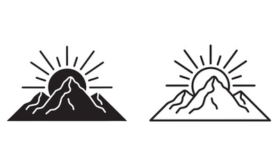 Sunrise Mountain Icon with sun rising in outline and filled Vector