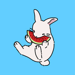 Adorable bunny cartoon enjoying a slice of watermelon.