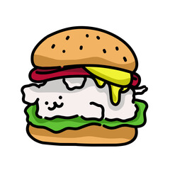 Cute cartoon dog styled as a hamburger with cheese and lettuce, playful kawaii food illustration on white background, perfect for stickers and kids design.