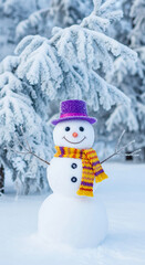 Snowman with purple hat and patterned scarf, standing in snowy landscape, symbolizing winter, celebration, holiday, Christmas, seasonal decoration