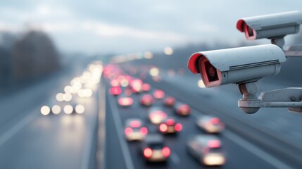 Fototapeta premium Close up of security camera on high traffic highway with blurred car lights. Surveillance system for road and traffic monitoring concept.