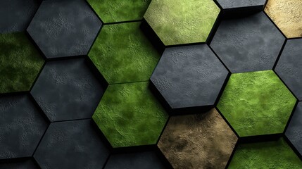 abstract textured hexagonal tiles in green, gold, and dark tones. Geometric pattern background for modern design texture and creative concept.