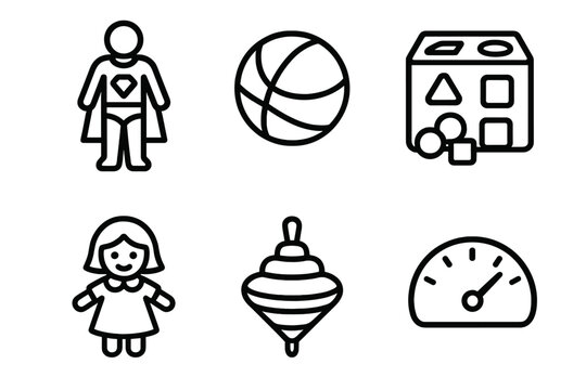 Play Set Icons. Kids&rsquo; Play Set linear set: action figure, ball, shape sorter, doll, spinning top, fun meter.