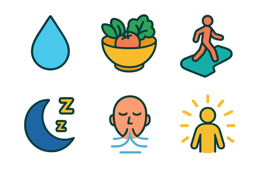 Healthy Icons Collection. Healthy Lifestyle Patterns isometric flat set: water droplet, nutritious bowl, walking path, sleep moon, calm breath lines, vitality glow.