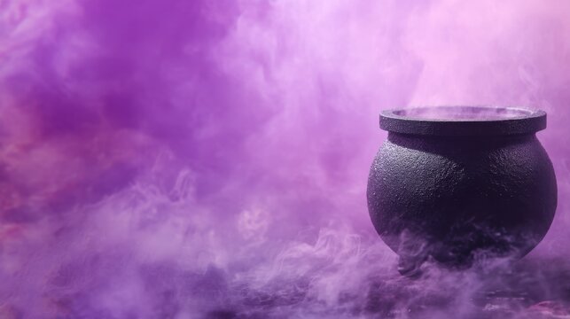 Black witch cauldron with purple smoky mist. Halloween potion concept for magic, wizardry, spooky fantasy, and holiday decoration.