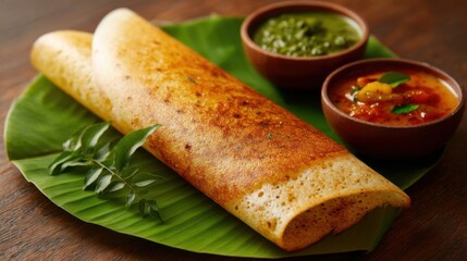 A dosa, a thin pancake, served on a banana leaf with two small bowls of chutney and sambar. Indian cuisine for traditional meal.