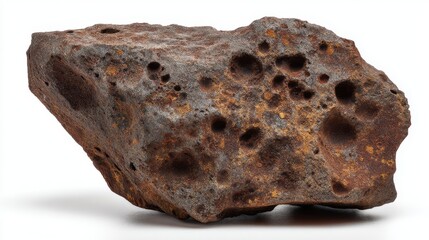 Metallic iron meteorite with regmaglypts, fusion crust, and rust spots. Space rock from asteroid belt or planet for geology and astronomy.