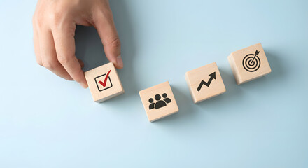 Business Strategy Concept with Wooden Blocks Showing Checklist Team Growth and Target Achievement