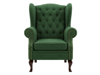 Elegant green velvet wingback armchair isolated PNG, luxurious vintage furniture for living room or study on transparent background