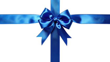 A close-up shot of a dark blue satin ribbon bow. The ribbon is tied in a cross pattern against a black background