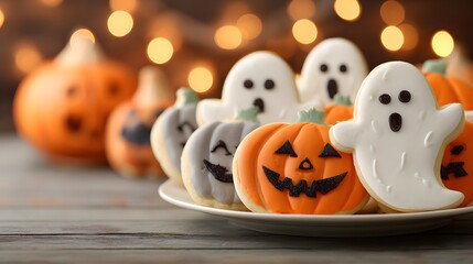 Delicious Halloween Cookies Shaped Like Ghosts and Pumpkins on a Wooden Table.