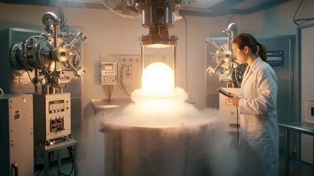 Female scientist working in a futuristic laboratory conducting an advanced cryogenic experiment. Adult researcher monitors a glowing energy source with complex scientific equipment