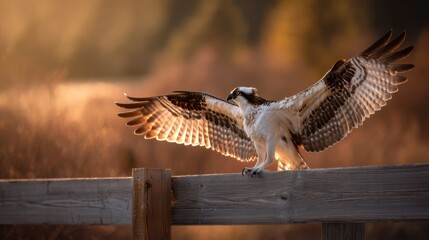 Osprey bird with wings spread wide, standing on wooden fence at golden hour, ready to take flight. Majestic wildlife in nature.