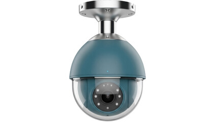 Blue dome security camera PNG isolated on transparent background, surveillance system for home safety and crime prevention