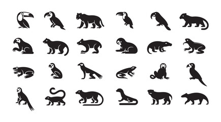 Rainforest animal vector silhouettes including toucan, jaguar, sloth, frog, armadillo, and parrot