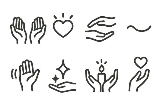 Kindness Icons Collection. Kindness Icons Set linear set: open hands, heart glow, gentle touch, warm smile curve, soft wave, caring spark, shared light, tender gesture.